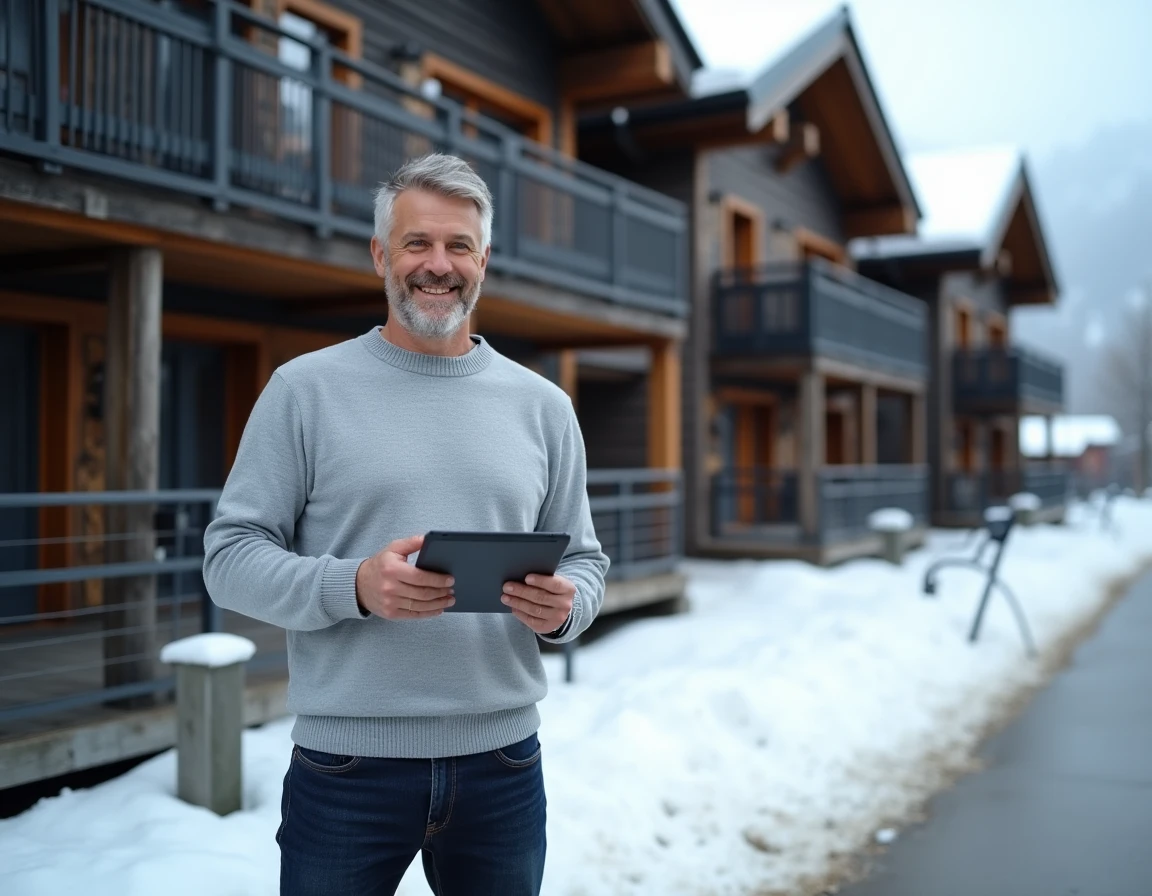 Acheteur consultant une annonce immobilière sur tablette devant une résidence de tourisme en station de ski