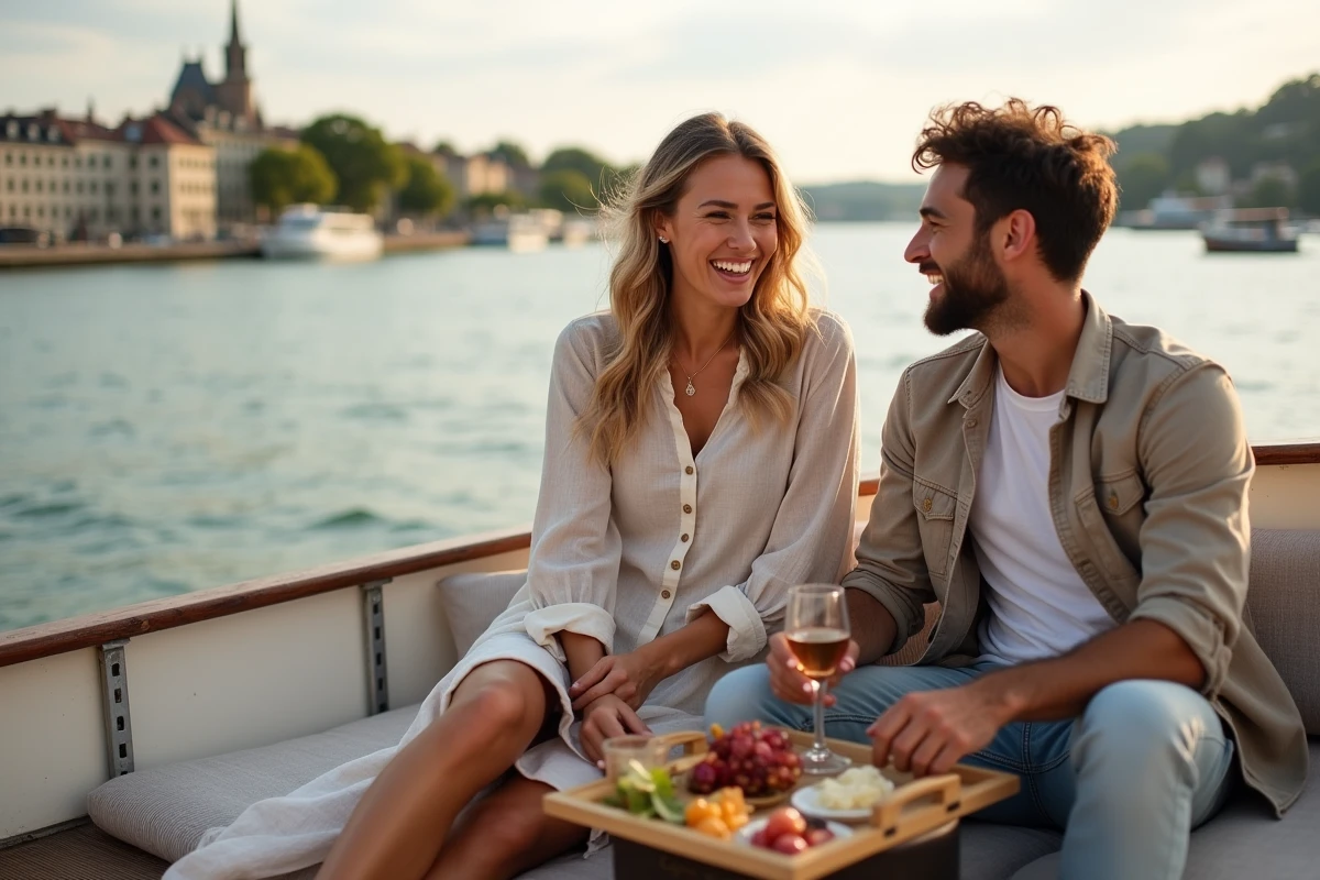 Couple partageant un pique-nique romantique sur le pont d'une péniche avec la basilique de Fourvière en fond