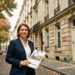Agent immobilière professionnelle devant un immeuble haussmannien dans le Val-d'Oise, tenant un dossier de propriétés