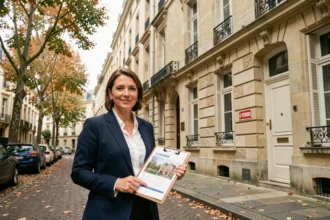 Agent immobilière professionnelle devant un immeuble haussmannien dans le Val-d'Oise, tenant un dossier de propriétés
