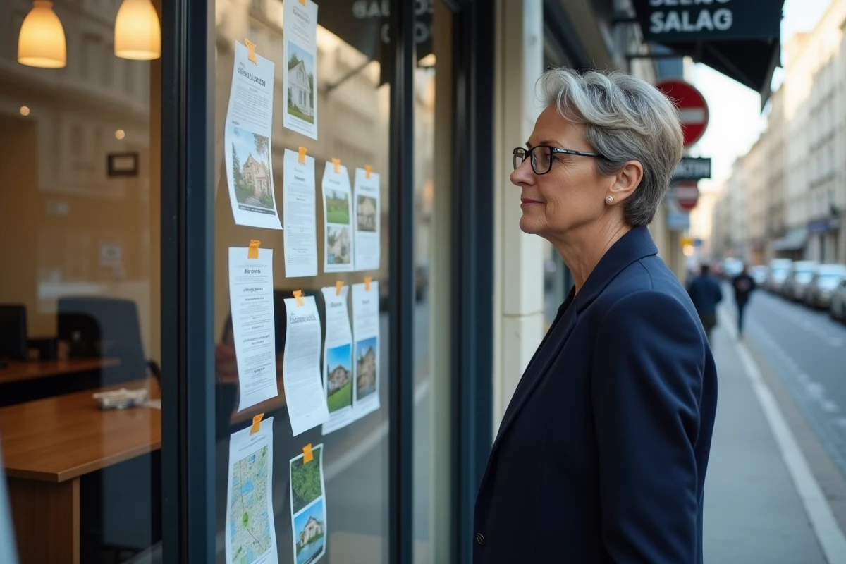 Femme consultant les annonces immobilières en vitrine d'une agence à Villeneuve-Saint-Georges