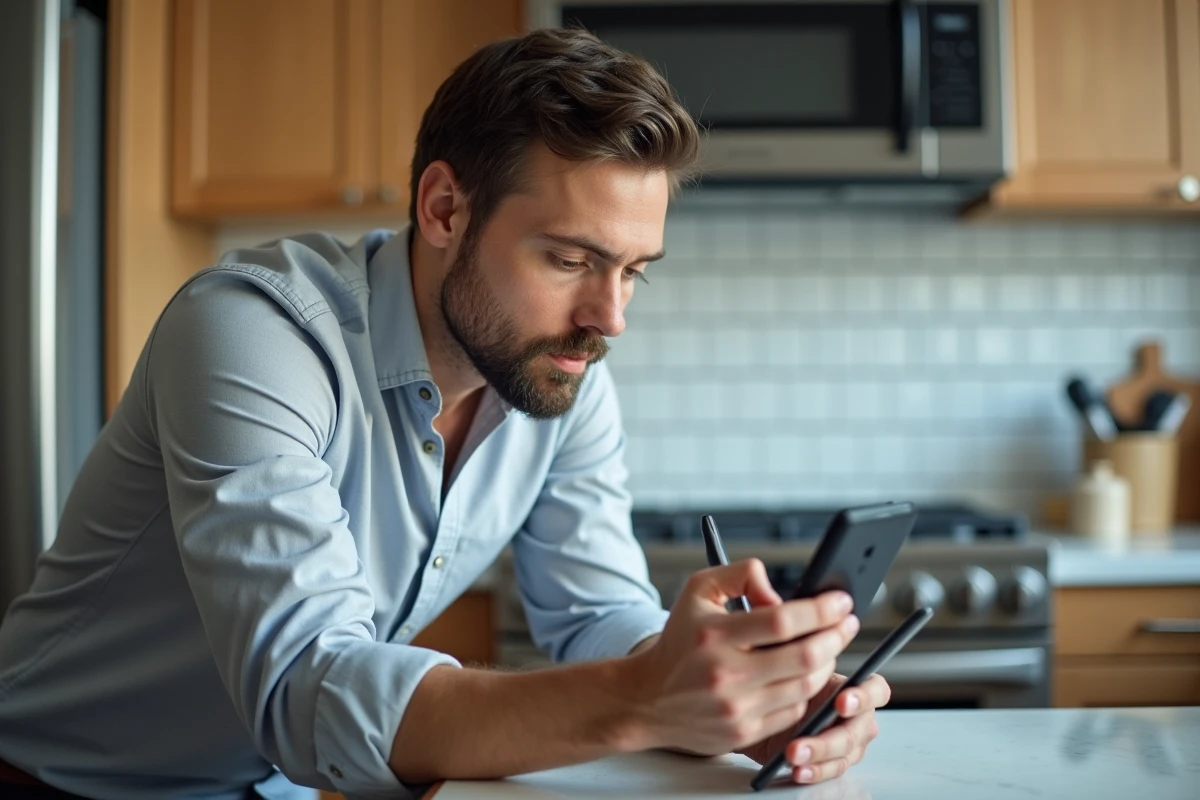 Agent immobilier effectuant un état des lieux numérique dans une cuisine rénovée avec smartphone