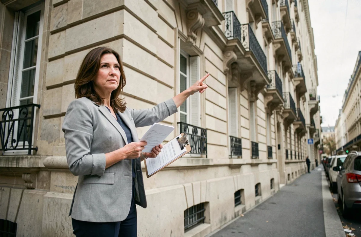 Agent immobilière devant un immeuble locatif parisien tenant des contrats de bail