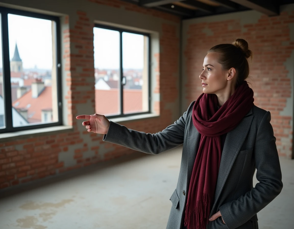 Agent immobilier présentant un appartement loft en rénovation avec vue sur les toits de Saint-Étienne