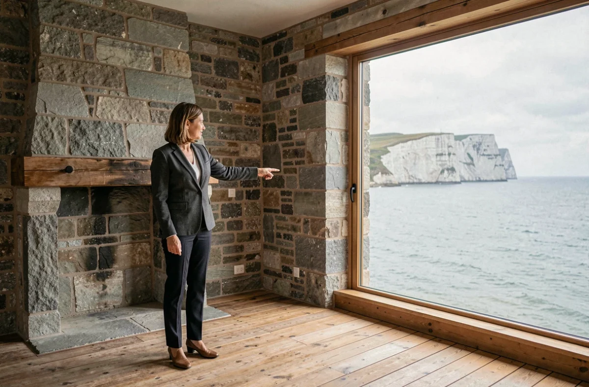 Agent immobilier présentant la vue mer depuis l'intérieur d'une maison normande à vendre, grande baie vitrée avec panorama sur les falaises
