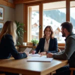 Agent immobilière de Menuires conseillant un couple pour l'achat d'une résidence de tourisme en montagne
