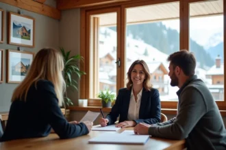 Agent immobilière de Menuires conseillant un couple pour l'achat d'une résidence de tourisme en montagne