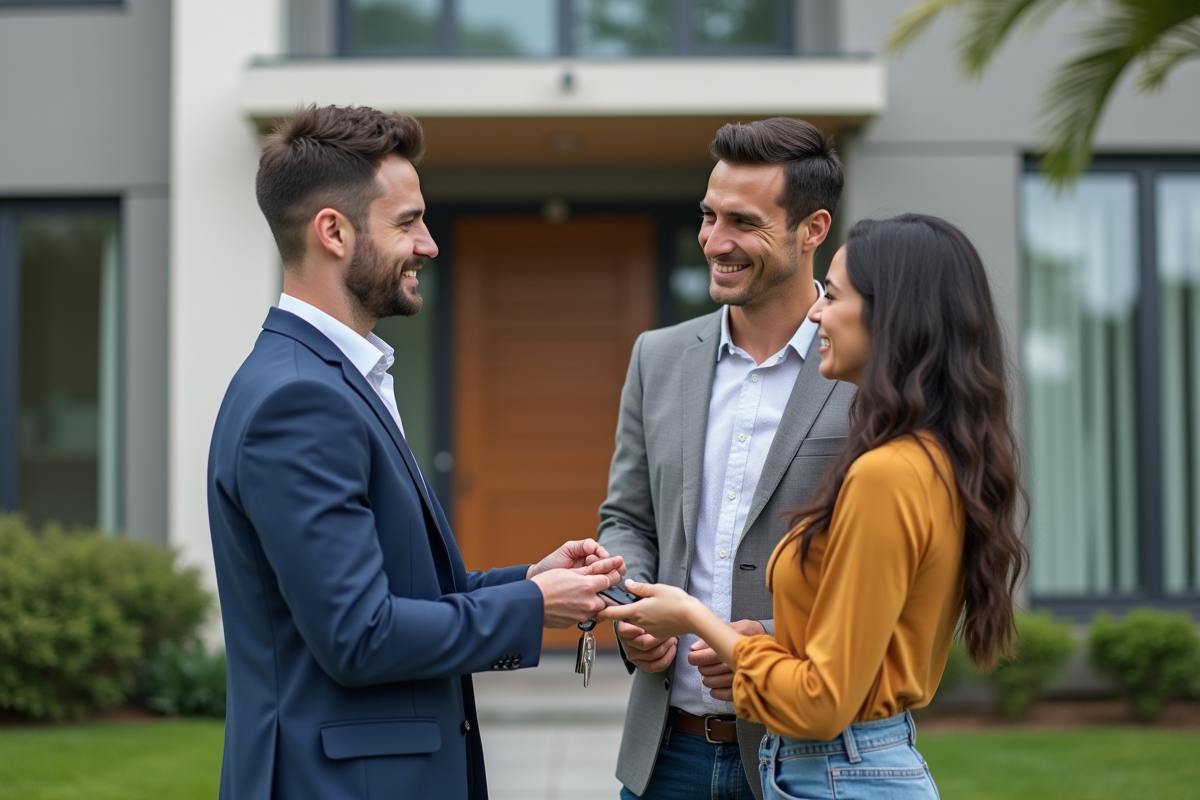 Agent immobilier donnant les clés à un couple souriant devant un immeuble