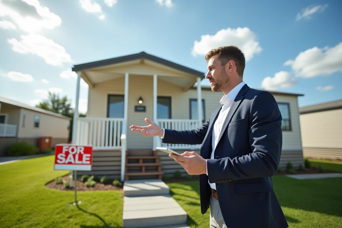 Agent immobilier présentant une parcelle de terrain avec mobil home à vendre avec panneau de vente