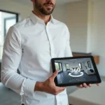 Agent immobilier consultant une visite virtuelle 360 sur tablette dans un salon moderne