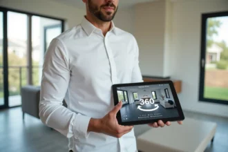 Agent immobilier consultant une visite virtuelle 360 sur tablette dans un salon moderne