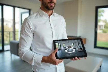Agent immobilier consultant une visite virtuelle 360 sur tablette dans un salon moderne