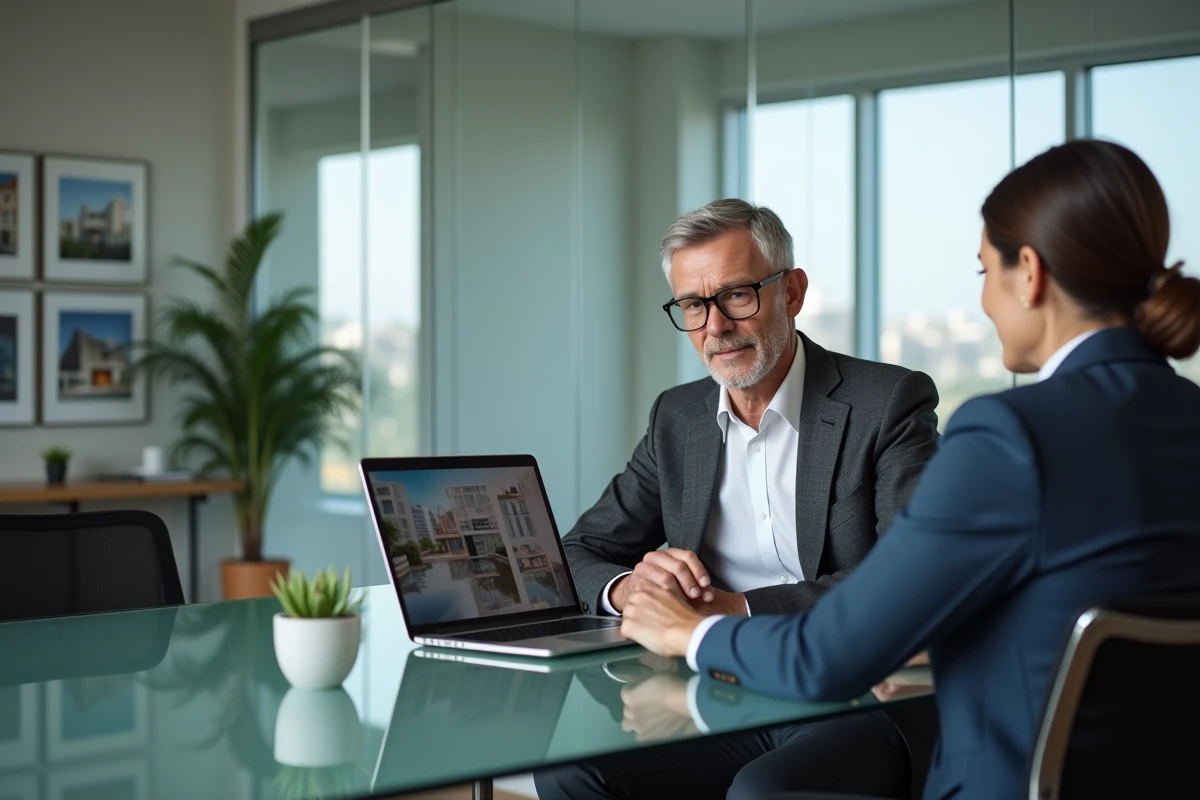 Agent immobilier présentant une visite virtuelle Lamaison360 à un client dans une agence immobilière moderne