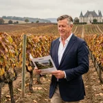 Agent immobilier viticole inspectant un vignoble bordelais à vendre en automne avec documents en main