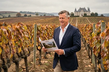Agent immobilier viticole inspectant un vignoble bordelais à vendre en automne avec documents en main