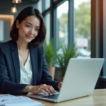 Agente immobilière Orpi utilisant un logiciel de gestion locative Socorpi sur ordinateur dans une agence moderne