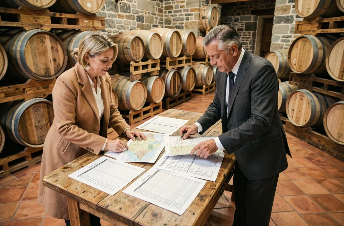 Deux professionnels analysant des documents de vente d'un vignoble bordelais dans un chai traditionnel