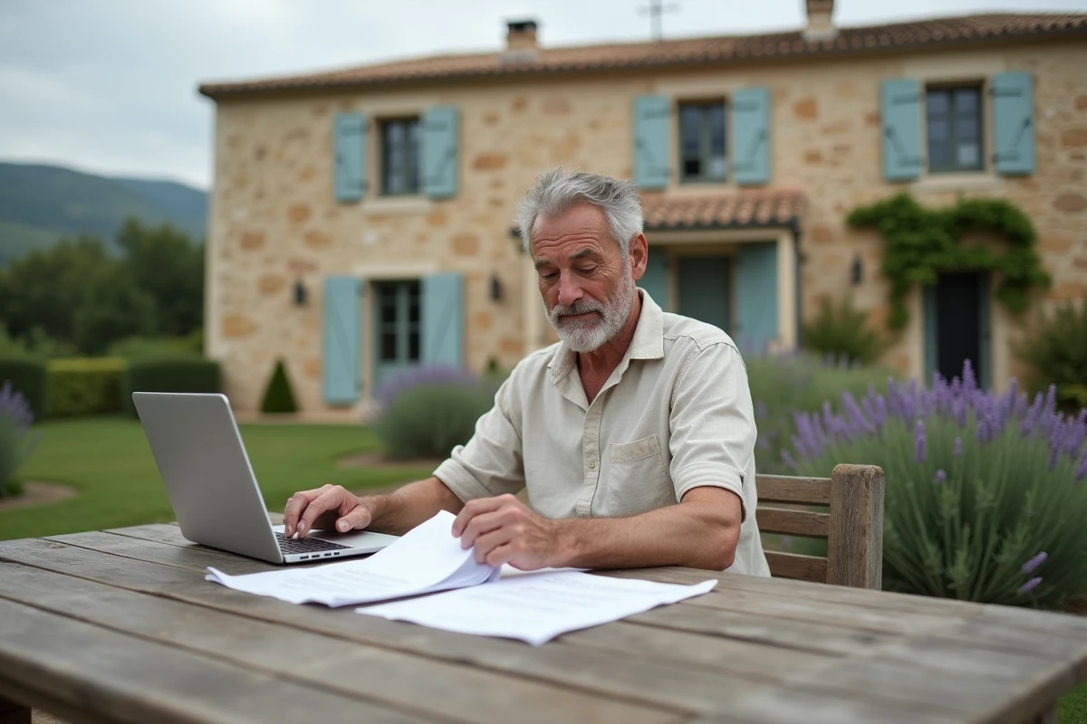 Homme consultant des documents immobiliers devant un mas provençal rénové, analyse investissement propriété rurale
