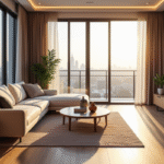 Salon moderne lumineux avec vue urbaine et décoration fraîche