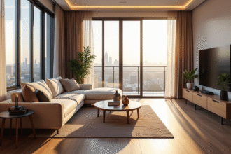 Salon moderne lumineux avec vue urbaine et décoration fraîche
