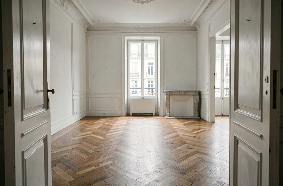 Appartement non occupé vide avec parquet et moulures haussmanniennes illustrant le besoin d'une assurance habitation non occupant