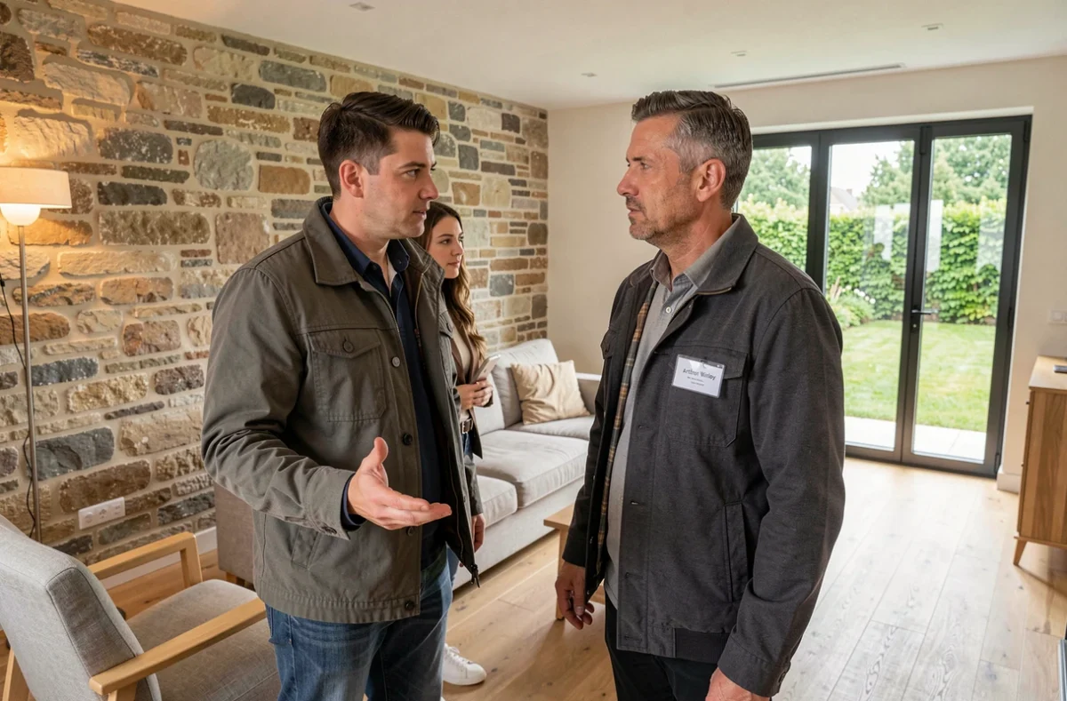 Agent Arthur Winley en veste grise faisant visiter une maison rénovée à Beaumont-sur-Oise à un jeune couple