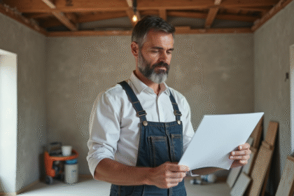 Artisan homme en overalls examine des papiers dans un chantier
