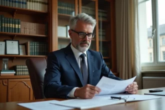 Avocat spécialisé en bail commercial examinant un contrat de bail immobilier nord dans son bureau professionnel à Lille