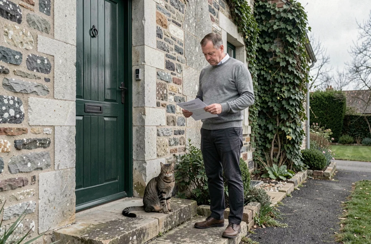 Propriétaire et locataire signant un bail avec animaux devant une maison normande en Seine-Maritime
