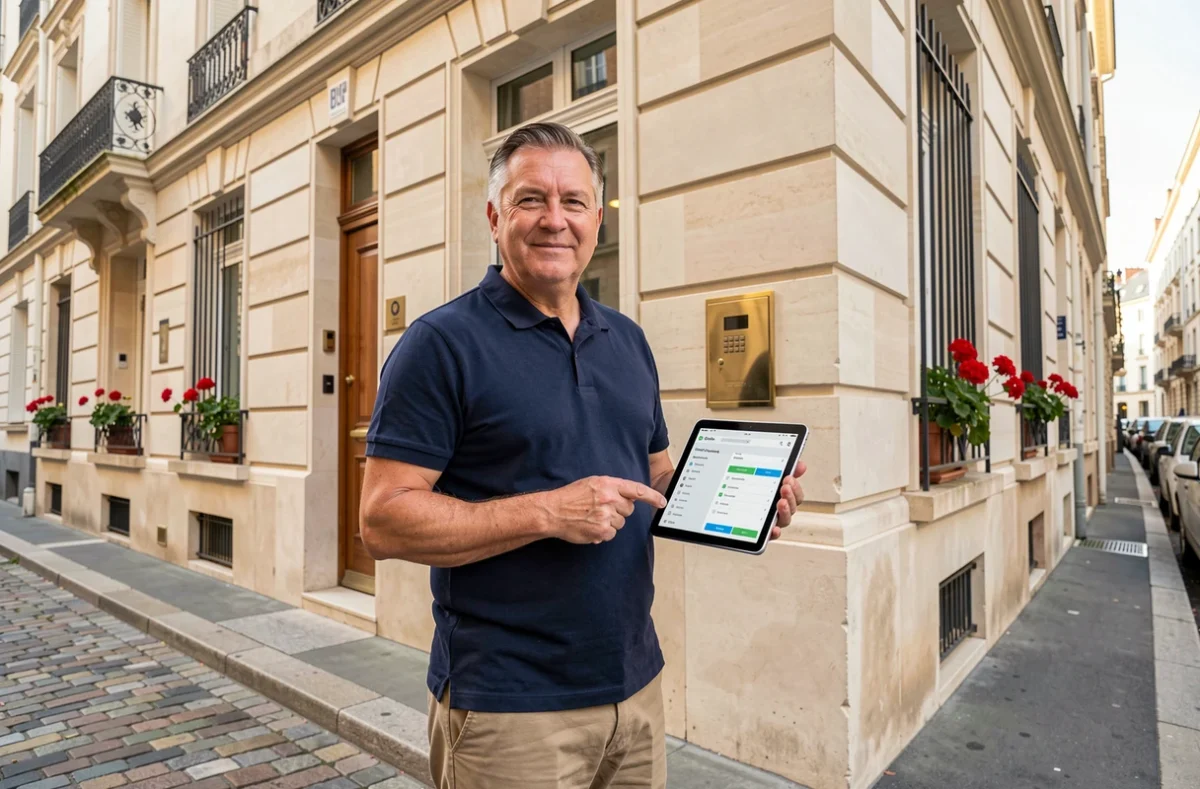 Propriétaire bailleur debout devant son immeuble locatif en ville, consultant une application de gestion sur une tablette numérique