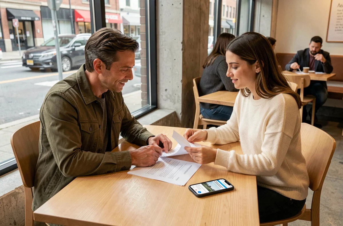 Propriétaire bailleur et locataire examinant un contrat de location avec une application de gestion immobilière dans un café moderne