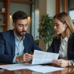 Couple en réunion avec un banquier dans une banque moderne