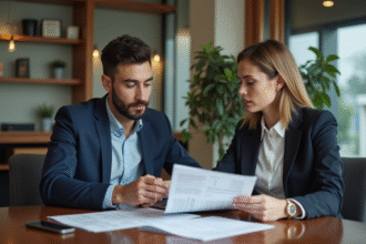 Couple en réunion avec un banquier dans une banque moderne