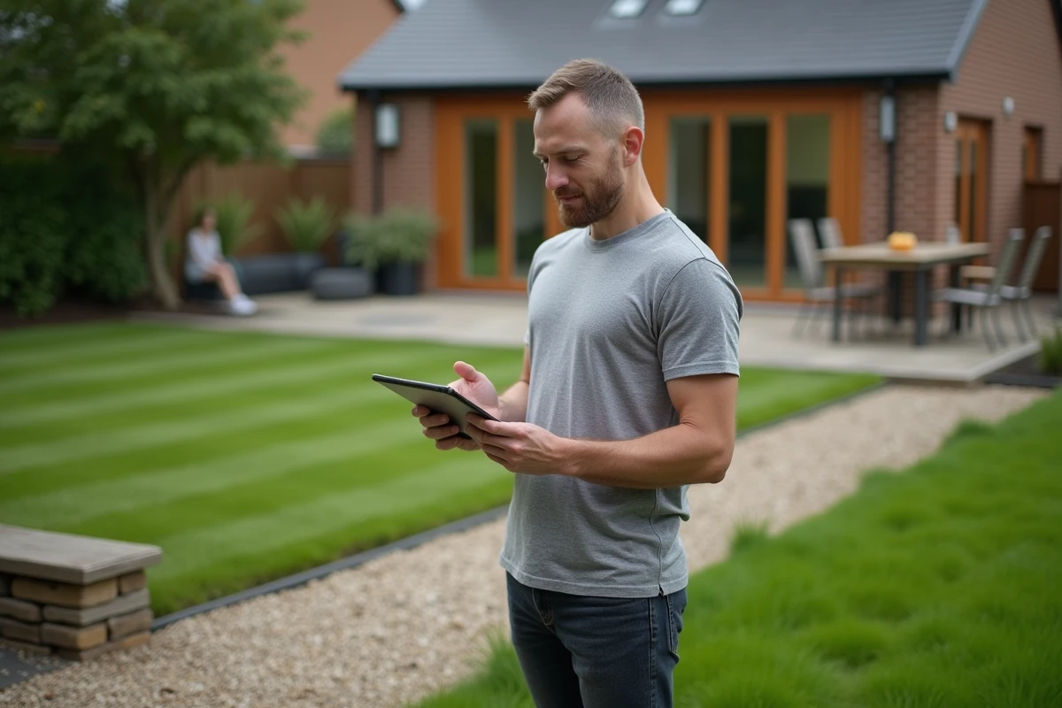 Homme utilisant une application de calcul de surface en m² sur tablette dans un jardin résidentiel pour planifier l'aménagement paysager