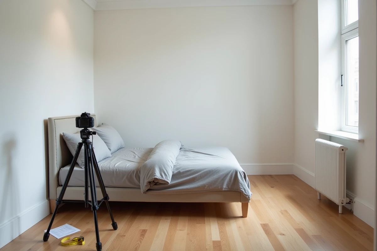 Caméra 360 degrés sur trépied dans une chambre vide lors d'une session de visite virtuelle immobilière