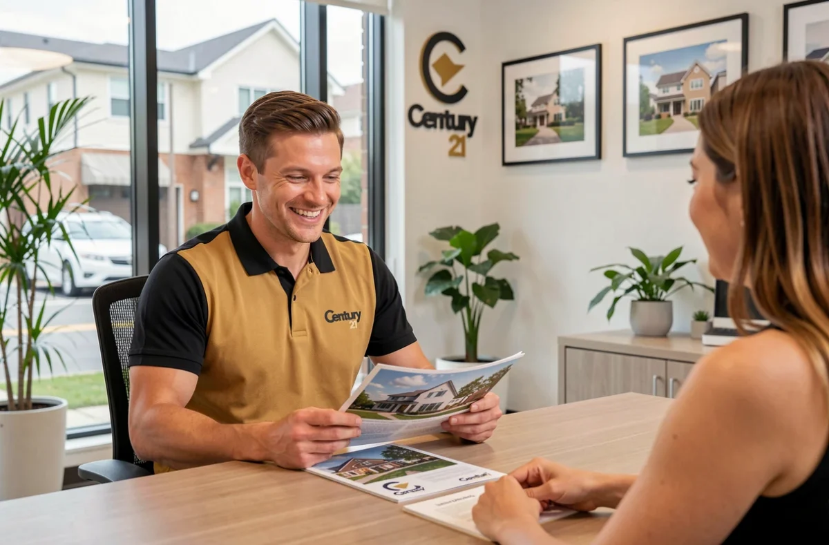 Agent Century 21 en polo doré discutant de propriétés avec des clients dans une agence moderne du Val-d'Oise