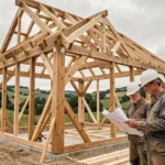 Chantier de construction d'une maison à ossature bois en milieu rural avec charpente apparente et ouvriers