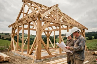 Chantier de construction d'une maison à ossature bois en milieu rural avec charpente apparente et ouvriers