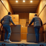 Plusieurs personnes chargent des meubles volumineux dans un camion lumineux