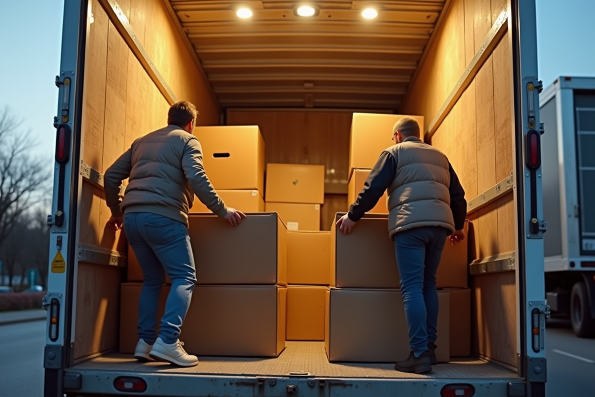 Plusieurs personnes chargent des meubles volumineux dans un camion lumineux