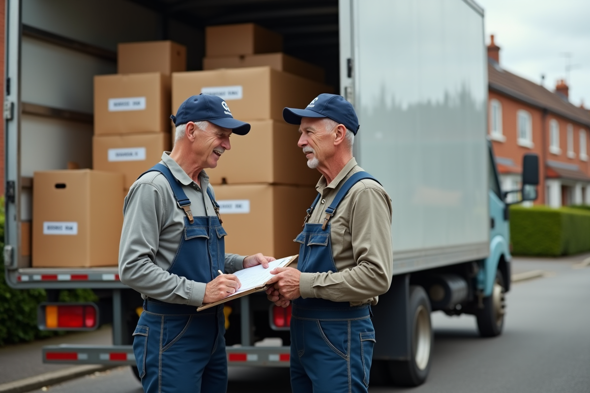 Chauffeur de camion de demenagement prenant des notes à cote du camion