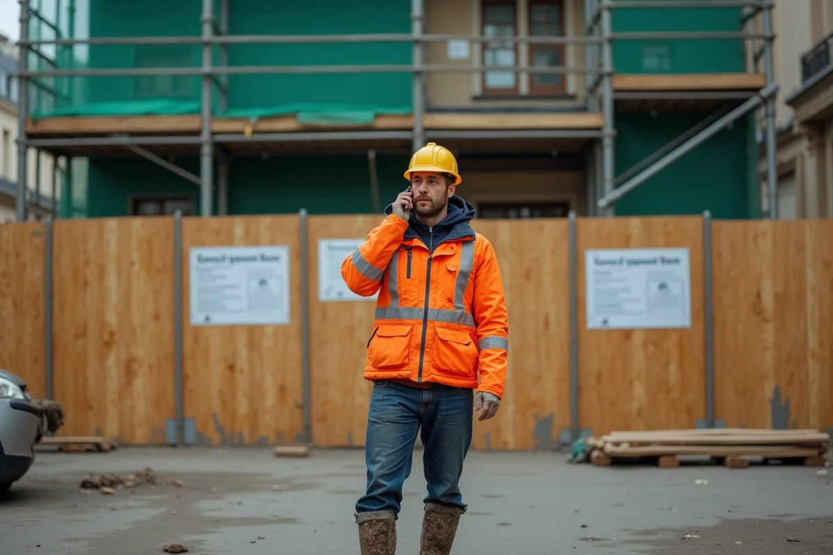 Chef de chantier parisien en communication téléphonique devant un échafaudage dans le centre de Paris