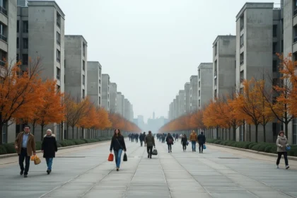 Vue grand angle de la Cité Pablo Picasso à Nanterre avec ses tours en béton brutaliste et ses allées piétonnes bordées d'arbres en automne