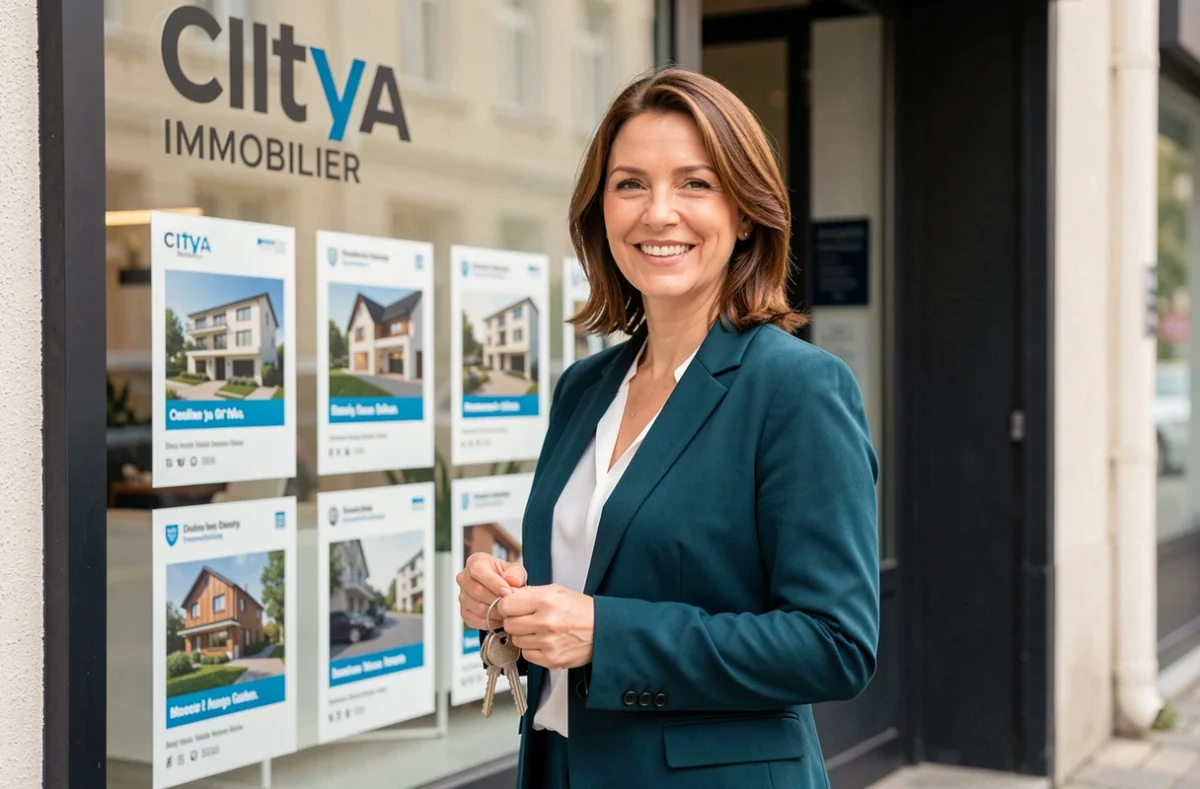 Conseillère Citya Immobilier devant une agence de syndic en Essonne