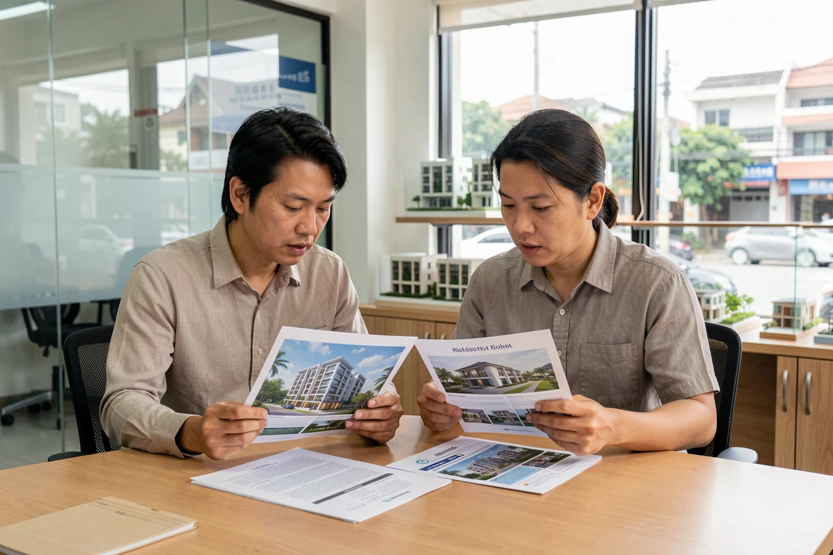 Couple thaïlandais comparant des brochures de condominiums en construction et déjà livrés dans une agence immobilière à Chiang Mai