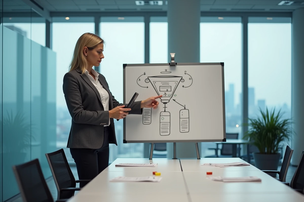 Femme commerciale en salle de réunion comparant une stratégie de prospection manuelle sur tableau blanc avec un outil de prospection numérique sur tablette