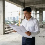 Promoteur immobilier examinant les plans d'un condominium en construction à Bangkok avec vue sur les grues et la skyline urbaine