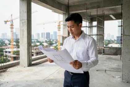Promoteur immobilier examinant les plans d'un condominium en construction à Bangkok avec vue sur les grues et la skyline urbaine