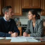 Deux frères et sœurs adultes assis face à face dans une cuisine familiale avec des documents d'héritage sur la table, expression tendue lors d'un conflit sur la maison parentale