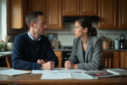 Deux frères et sœurs adultes assis face à face dans une cuisine familiale avec des documents d'héritage sur la table, expression tendue lors d'un conflit sur la maison parentale